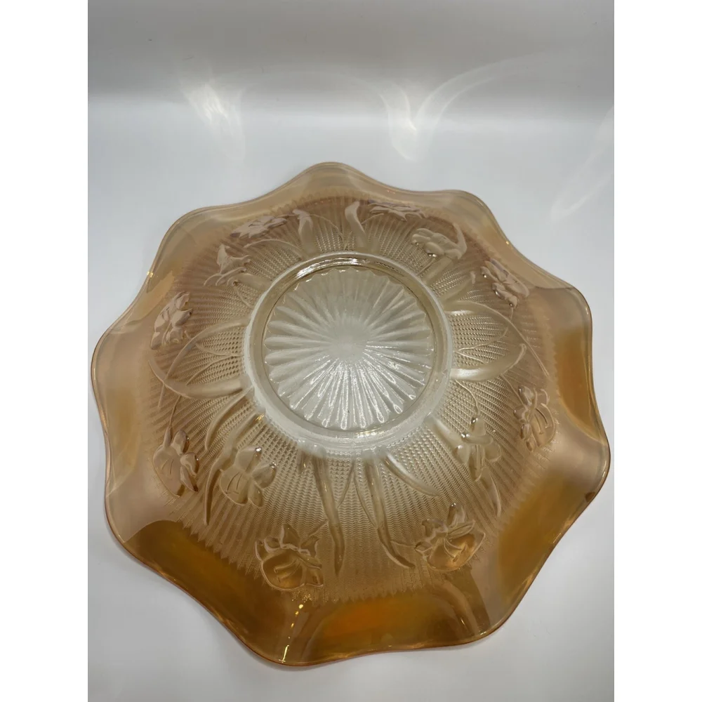 Jeanette Carnival Glass Ruffled Edge Iris And Herringbone Serving Bowl 11.5 In.